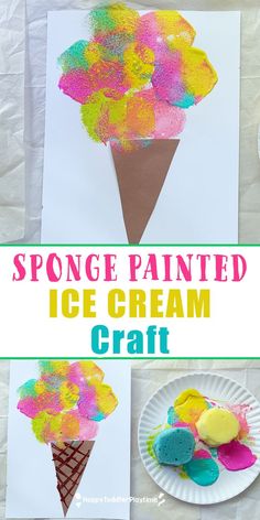 an ice cream cone craft is shown with the words sponge painted on it and two pictures of