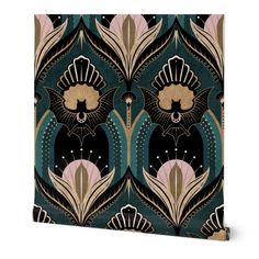 an art deco wallpaper design in green, pink and gold with large fan shapes