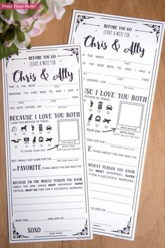 two wedding stationery cards on a wooden table