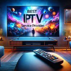 a man standing in front of a tv with the words best iptv service provider on it