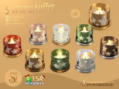 twelve candles with stars on them are shown in different colors and sizes, including gold