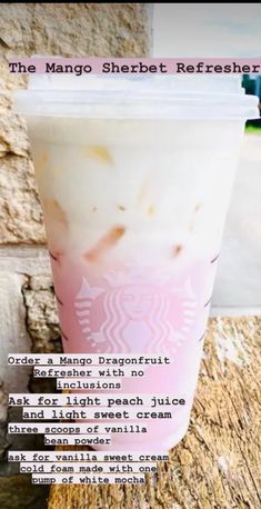 there is a pink drink with whipped cream on it and the words, the mango sherbet refresher