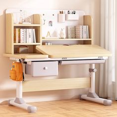 a wooden desk with two drawers and a book shelf on the wall next to it