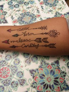 a person with a tattoo on their arm that has arrows and words written in different languages