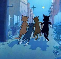 three cartoon cats are playing in the street