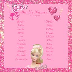 barbie doll name list with pink glitter background