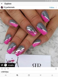 Pink Grey Nails, Gray Nails, Pink Nail Designs, Pretty Nail Art, Gel Nail Designs