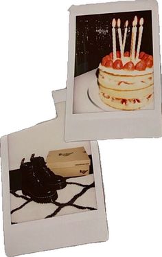 two polaroid photos of a cake with candles on it