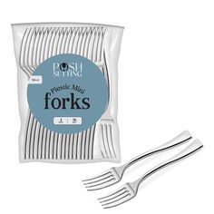 two forks are next to each other in front of a plastic bag with the fork sticking out