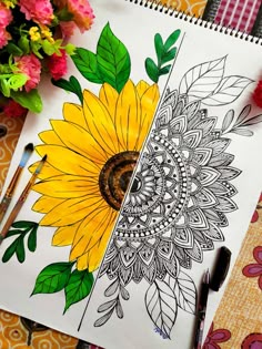 a drawing of a sunflower with green leaves and flowers in the background on a table