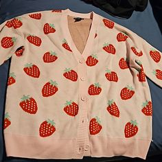 Hot Topic Size Large Button Done Sweater. Baby Pink With Strawberries. Nwot,.Bever Worn, Been Sitting In My Large Walk In And Need To Make Space. Hot Topic Sweaters, Large Sweater, Hot Sweater, Large Sweaters, Large Buttons, Dream Clothes, Pink Sweater, Hot Topic, Baby Pink