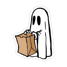 a sticker with a ghost holding a bag in it's right hand and peeking out from behind