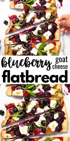 flatbreads with blueberries, goat cheese and spinach on them are lined up in rows