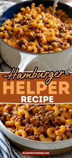 hamburger helper recipe in a skillet with cheese and ground beef on the side