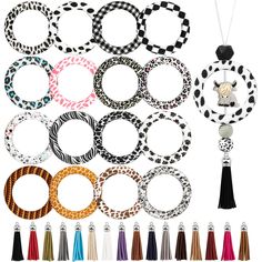 PRICES MAY VARY. 🐄𝐕𝐢𝐛𝐫𝐚𝐧𝐭 𝐕𝐚𝐫𝐢𝐞𝐭𝐲: Our Silicone Beadable O Rings set comes with 16 distinct animal patterns, including leopard and cow prints, paired with 16 different colored tassels measuring 2.2 feet in length each. This colorful assortment ensures that you have the perfect combination for any project or style preference. 🐆𝐃𝐮𝐫𝐚𝐛𝐥𝐞 𝐌𝐚𝐭𝐞𝐫𝐢𝐚𝐥: Crafted from high-quality silicone, each O ring boasts a durable construction that's easy to carry, store, and clean. With a diameter of approximately 2.56 inches, these beadable items are designed for hassle-free use. Their odorless, safe, and fade-resistant properties make them ideal for long-lasting crafts. 🦓𝐂𝐫𝐚𝐟𝐭𝐢𝐧𝐠 𝐌𝐚𝐝𝐞 𝐄𝐚𝐬𝐲: Designed with convenience in mind, each silicone ring features two holes Car Charms Diy, Beadable Items, Cow Prints, Rings Beads, Friend Crafts, Father Christmas Gifts, Beading Crafts, Silicone Ring, Beadable Products