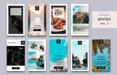 the cover pages for stories vol 3 are lined up on a gray background with palm trees