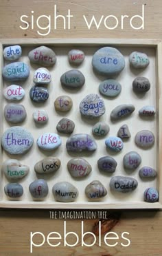 there is a box with some rocks in it and the words sight word are written on them