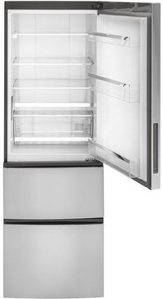 an empty refrigerator with its door open and the freezer doors wide open to reveal it's contents