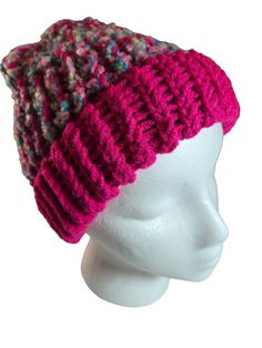 Hand Knitted Winter Hat, Warm, Soft, Washable, Medium size for youth or small adult head. Colors may vary from photos based on personal settings on your device. Adjustable Knit Crochet Hat For Winter, Adjustable Knit Crochet Winter Hat, Outdoor Crochet Hat Made Of Yarn, Pink Soft Knit Beanie, Cozy Knit Adjustable Crochet Hat, Cozy Adjustable Crochet Cap, Pink Knitted Casual Hat, Adjustable Soft Knit Crochet Hat, Outdoor Brimmed Crochet Hat