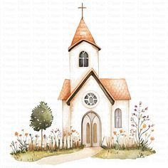 a watercolor painting of a church with a cross on the top and flowers around it