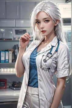 a woman with white hair wearing a doctor's uniform