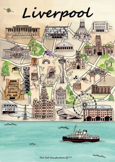 an illustrated map of liverpool, england with lots of buildings and a boat in the water