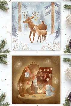 two christmas cards with animals in the background and pine cones on the bottom right side