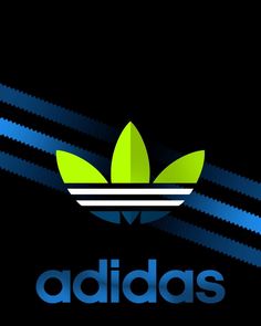 the adidas logo on a black background with blue stripes and green leafy leaves