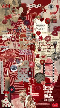 the collage is made up of many different items and colors, including red hearts