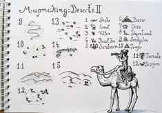 a drawing of a camel with numbers and symbols on it's back, in front of a desert scene