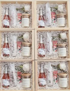 four wooden boxes filled with different types of condiments and sauces in them