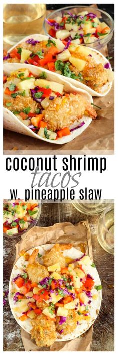 two pictures of different types of food on plates and in bowls with the words coconut shrimp pineapple slaw