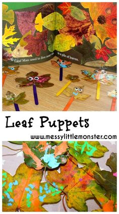 leaf puppets made with construction paper and colored pencils