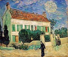 a painting of a person standing in front of a house