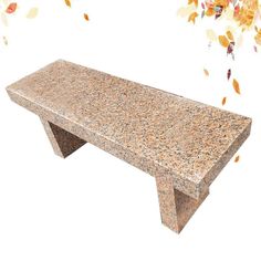 a stone bench with leaves falling from the tree in the background, on a white background