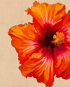 an orange and red flower is shown on a beige background with the center part of it's petals