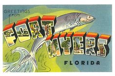 a postcard with the words fort myers, florida in front of a fish and palm trees