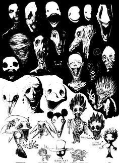 an old poster with many different faces and body parts in black and white, as well as text