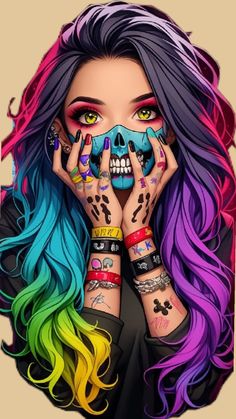 a woman with colorful hair and tattoos holding her hands to her face