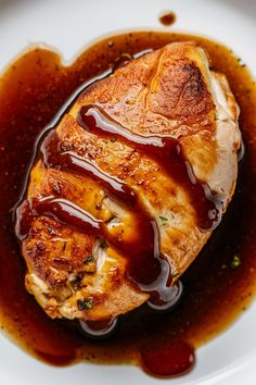 Roasted chicken breast drizzled with a savory brown sauce. Sauces Recipes, Bbq Sauce Chicken