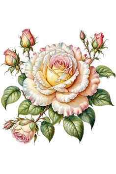 a drawing of a pink rose with green leaves