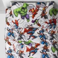 the avengers bedding set is made up and ready to be used