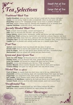 the menu for tea selections is shown in purple