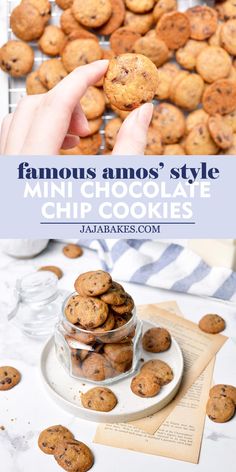 a person holding up a cookie in front of some cookies on a white plate with blue text overlay