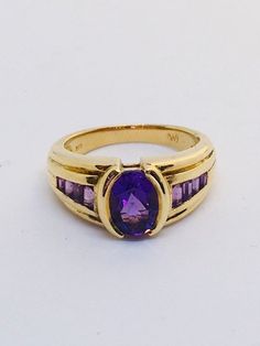 Classic Amethyst Ring Stamped 14k, Elegant Purple Amethyst Signet Ring, Formal 14k Stamped Amethyst Ring, Multi-stone Amethyst Ring In Yellow Gold, 14k Stamped Amethyst Ring Fine Jewelry, Formal Yellow Gold Amethyst Ring With Bezel Setting, Purple Amethyst Hallmarked Signet Ring, Classic Purple Gemstone Signet Ring, Classic Amethyst Signet Ring Hallmarked