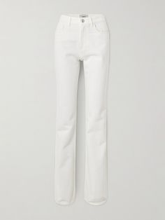 Coperni’s jeans feature a croc-effect leather strap at the back pocket that resembles a miniature, buckle-fastening belt - the unexpected detail adds interest to the otherwise classic design. They're made from white denim and have a high rise and straight legs. Luxury White Trendy Jeans, White Straight Leg Jeans With Contrast Stitching, Luxury White Straight Leg Bottoms, White Straight Fit Denim Bottoms, Luxury White Straight Jeans, Designer Hair Accessories, High Rise Denim Jeans, Latest Jeans, Flare Leg Jeans