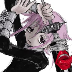 a drawing of a girl with pink hair holding a microphone in front of her face