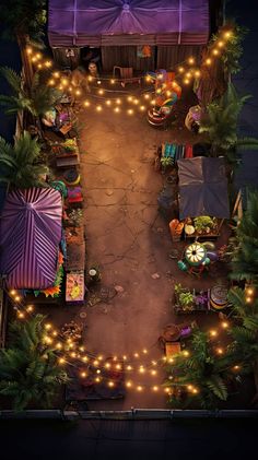 an overhead view of a market with lights