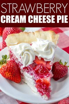 a slice of strawberry cream cheese pie on a plate