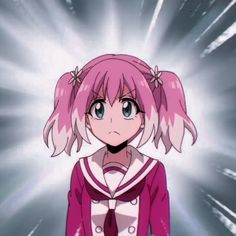 an anime character with pink hair standing in front of a light beam and looking at the camera